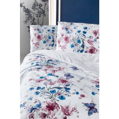 Lenjerie de pat dublu din bumbac ranforce cu model floral în nuanțe de albastru și roz pe fundal alb