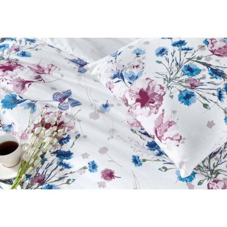 Lenjerie de pat dublu din bumbac ranforce cu model floral în nuanțe de albastru și roz pe fundal alb