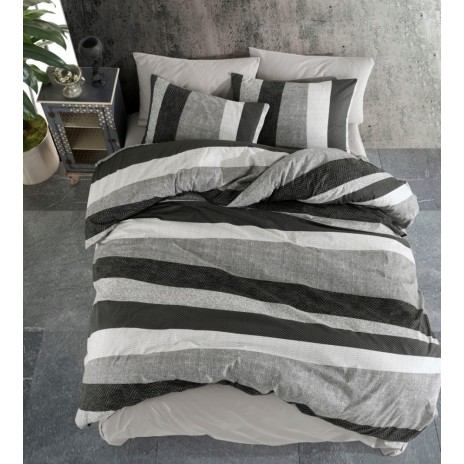 Lenjerie de pat dublu din bumbac 100% ranforce cu design modern în dungi gri și negre