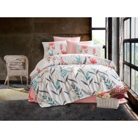 Lenjerie de pat dublu bumbac 100% ranforce Bahar Home Alfonso alb-roz-verde cu design floral
