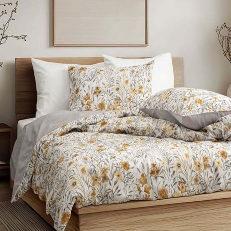 Lenjerie de pat Bahar Home Astrid Spice cu imprimeu floral in nuante de mustar din bumbac 100% ranforce 145 TC