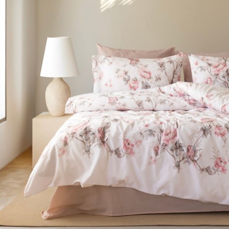Lenjerie de pat bumbac 100% ranforce Bahar Home Betula bumbac ranforce cu bujori roz pe fundal alb