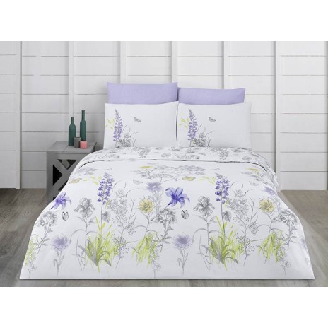 Lenjerie de pat dublu din bumbac 100% ranforce cu design floral în nuanțe de lila, galben și verde pe fundal alb
