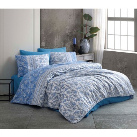 Lenjerie de pat dublu din bumbac 100% ranforce cu design floral în nuanțe de albastru și alb