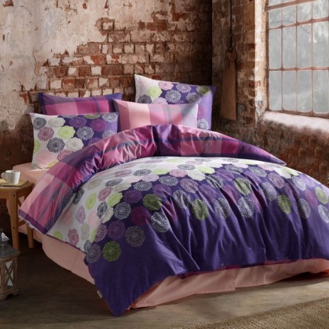 Lenjerie de pat dublu bumbac 100% ranforce Bahar Home Dantel mov-roz-verde cu cercuri și dungi colorate