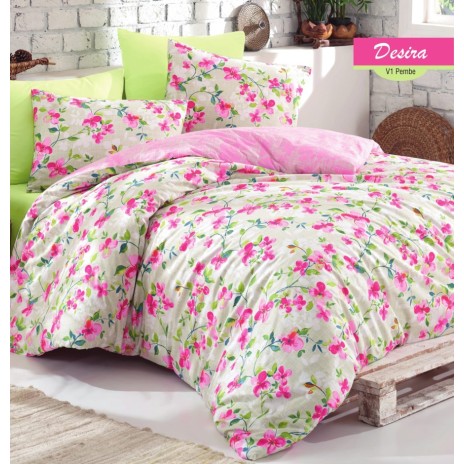 Lenjerie de pat Desira V1 Pembe din bumbac cu model floral roz și verde de la Bahar Textile