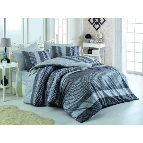 Lenjerie de pat dublu bumbac 100% ranforce Bahar Home Global gri-alb cu motive geometrice