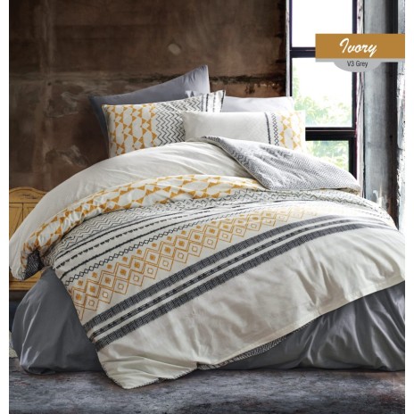 Lenjerie de pat din bumbac ranforce Bahar Textile, design cu motive geometrice galbene și gri pe fundal alb