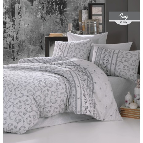 Lenjerie de pat Bahar Textile din bumbac ranforce cu design floral și geometric în nuanțe de gri