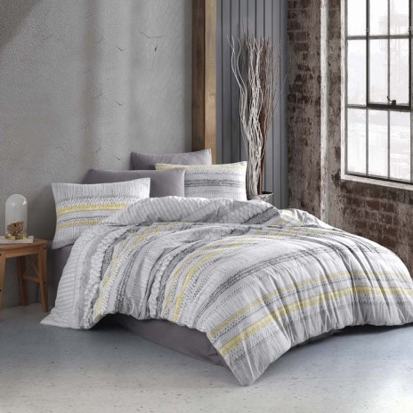 Lenjerie de pat din bumbac 100% ranforce model Knit Grey cu dungi de culoare gri, galben și alb