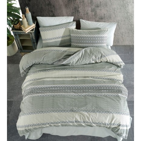 Lenjerie de pat dublu din bumbac 100% ranforce cu design elegant în nuanțe de verde și alb și modele geometrice delicate