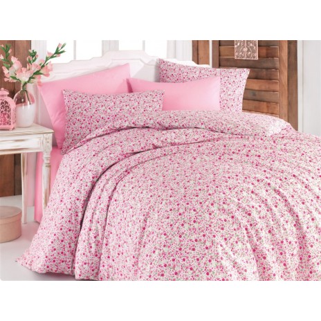 Lenjerie de pat dublu bumbac 100% ranforce Bahar Home Lily roz-alb cu motive florale