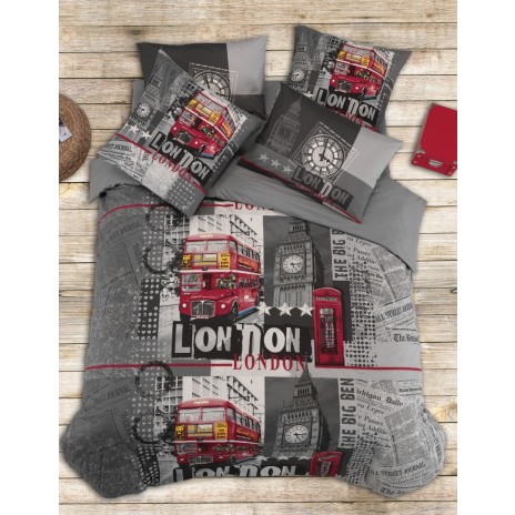 Lenjerie de pat dublu bumbac 100% ranforce Bahar Home London gri-roșu cu imagini emblematice din Londra