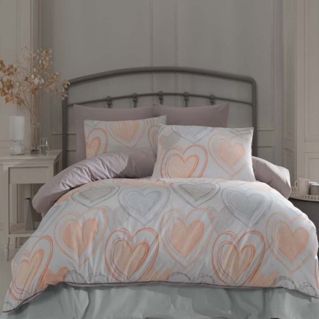 Lenjerie de pat Bahar Home Lovable gri cu inimi pastelate din bumbac 100% ranforce 145 TC
