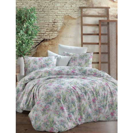 Lenjerie de pat dublu bumbac 100% ranforce Bahar Home Lucy alb-roz-verde cu design floral