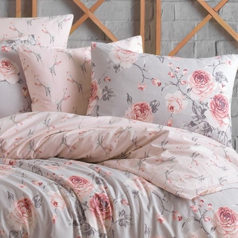 Lenjerie de pat Bahar Home Maison gri cu trandafiri roz din bumbac 100% ranforce 145 TC