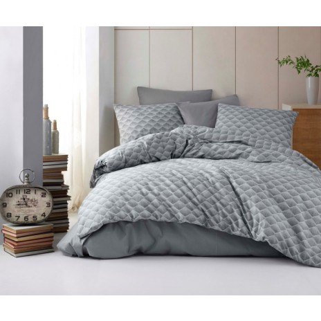 Lenjerie de pat dublu din bumbac 100% ranforce cu design modern și elegant în nuanțe de gri și model geometric matlasat