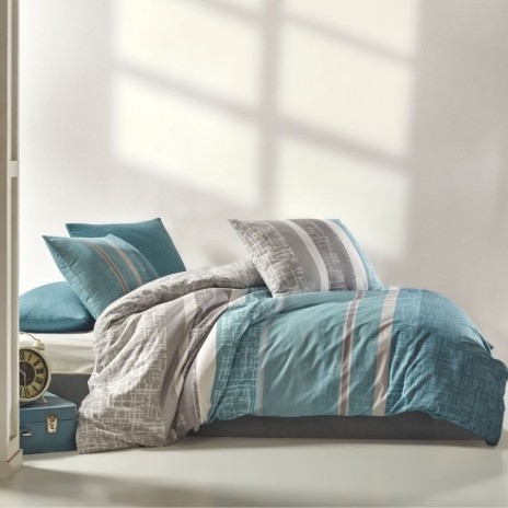 Lenjerie de pat din bumbac 100% ranforce cu design modern în tonuri de albastru și gri, motive geometrice