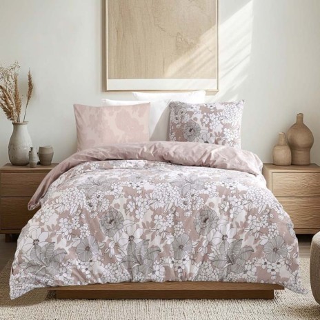 Lenjerie de pat Bahar Home Mirandus Mink floral bej roz prăfuit din bumbac 100% ranforce 145 TC