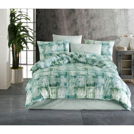 Lenjerie de pat dublu din bumbac 100% ranforce cu design modern în nuanțe de verde și alb și model abstract de pătrățele
