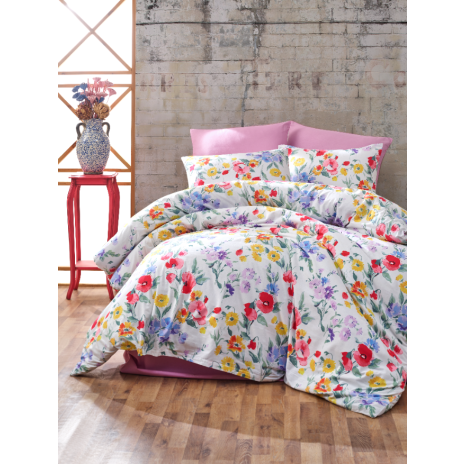 Lenjerie de pat dublu bumbac 100% ranforce Bahar Home Missy alb cu flori multicolore