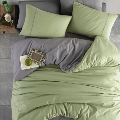 Lenjerie pat bumbac ranforce, Bahar Home Moscow, model uni modern in nuante de verde deschis si gri, oferind un aspect proaspat si elegant dormitorului tau