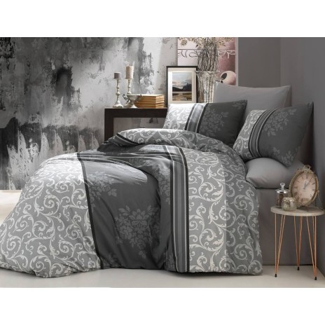 Lenjerie de pat din bumbac 100% ranforce, Bahar Home, Natura Grey, model floral in nuante de gri.