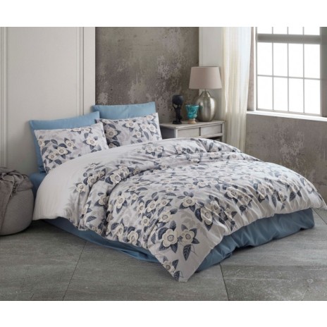 Lenjerie de pat dublu din bumbac 100% ranforce cu design floral în nuanțe de gri și albastru