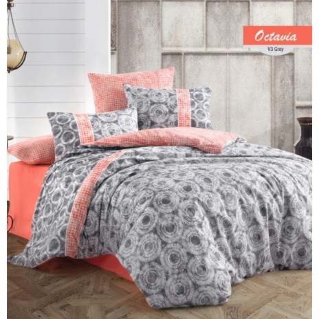 Lenjerie de pat dublu bumbac 100% ranforce cu design geometric gri și portocaliu