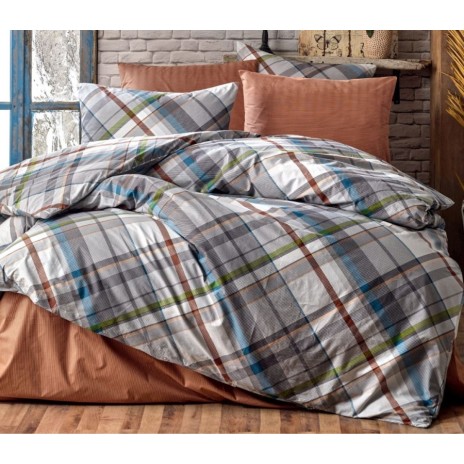 Lenjerie de pat dublu bumbac 100% ranforce Bahar Home Plaid gri-alb cu design în carouri