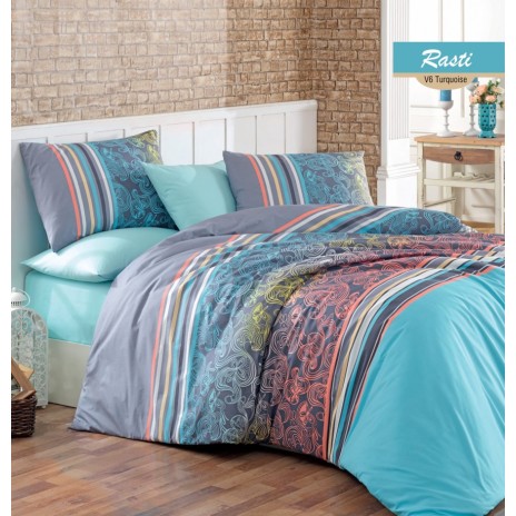Lenjerie de pat dublu din bumbac 100% ranforce, model Bahar Home Rasti Blue, cu dungi și motive abstracte în nuanțe de turcoaz, albastru, gri și portocaliu.