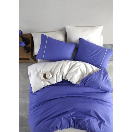 Lenjerie de pat Bahar Textile din bumbac 100% ranforce, cu design bicolor alb și albastru intens