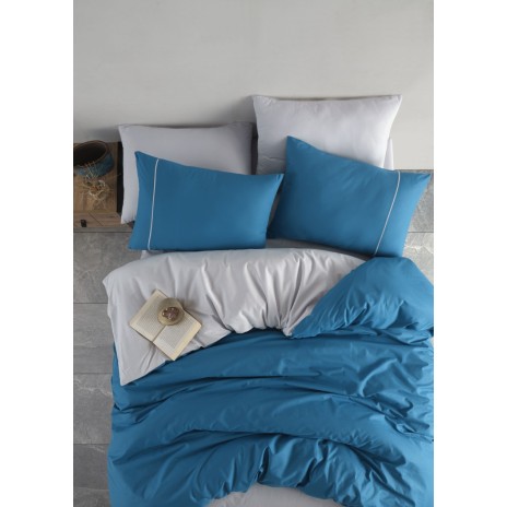 Lenjerie de pat Bahar Textile din bumbac 100% ranforce, cu design bicolor alb si albastru turcoaz