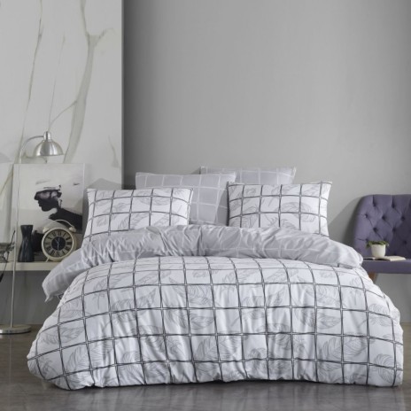 Lenjerie de pat dublu bumbac 100% ranforce Rune cu design geometric cu pătrate și motive de frunze în nuanțe de alb și gri.