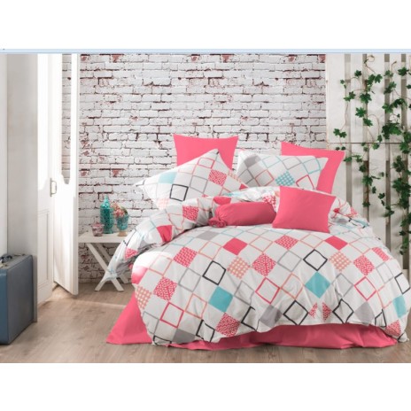 Lenjerie de pat dublu bumbac 100% ranforce Bahar Home Sion fuchsia-alb-turcoaz cu motive geometrice