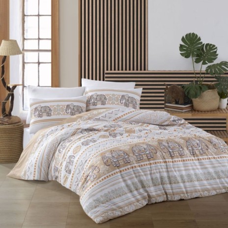 Lenjerie de pat din bumbac 100% ranforce bej-gri cu design exotic de elefanți din colecția Bahar Home