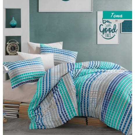 Lenjerie de pat din bumbac 100% ranforce model Tema V1 cu design geometric în nuanțe de albastru, turcoaz și gri