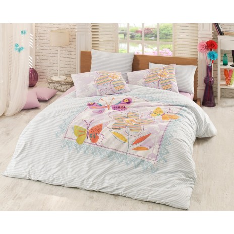 Lenjerie de pat dublu bumbac 100% ranforce Bahar Home Trendy alb cu fluturi și flori stilizate