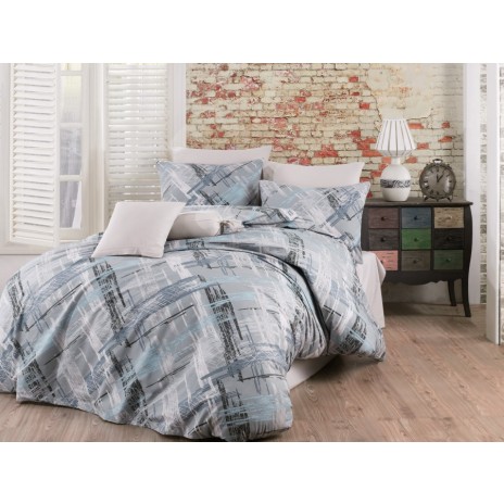 Lenjerie de pat dublu bumbac 100% ranforce Bahar Home Trinity gri-albastru deschis cu design geometric