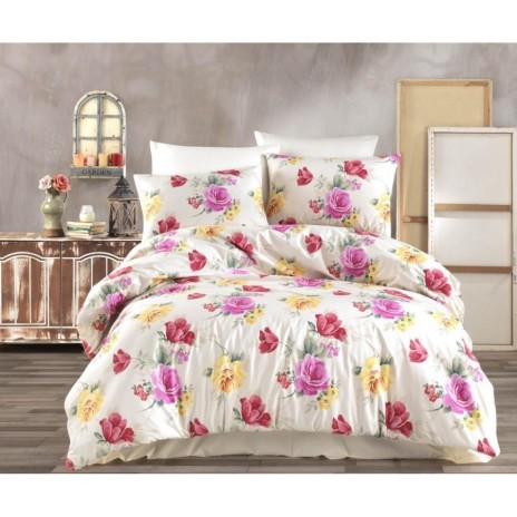 Lenjerie de pat dublu bumbac 100% ranforce Bahar Home Tulip roz-galben-roșu cu flori de lalele