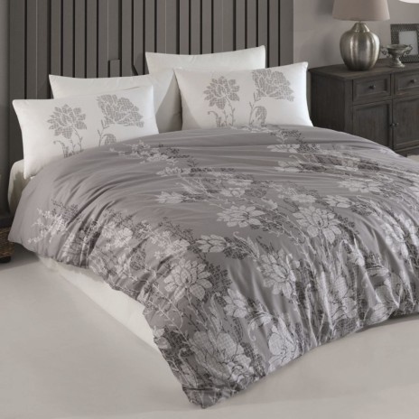 Lenjerie de pat din bumbac 100% ranforce cu design floral în tonuri de gri și alb, decor elegant și modern