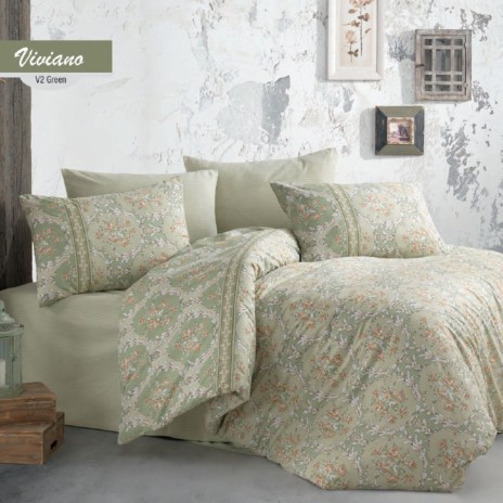 Lenjerie de pat din bumbac 100% ranforce model Viviano V2 Green cu design floral în nuanțe de verde și pastel