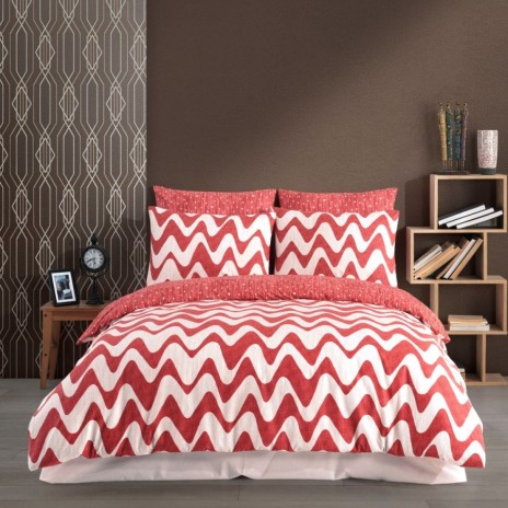 Lenjerie de pat dublu bumbac 100% ranforce Waves Red cu design în valuri în nuanțe de roșu și alb.