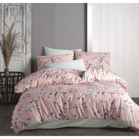 Lenjerie de pat dublu bumbac 100% ranforce cu design floral roz și alb