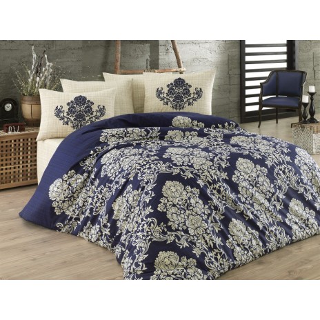 Lenjerie pat bumbac imprimeu floral bej pe fundal bleumarin