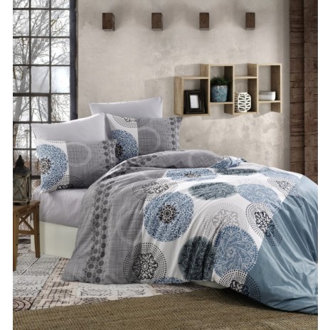 Lenjerie de pat din bumbac 100% ranforce cu model geometric în nuanțe de albastru și gri pe fundal alb