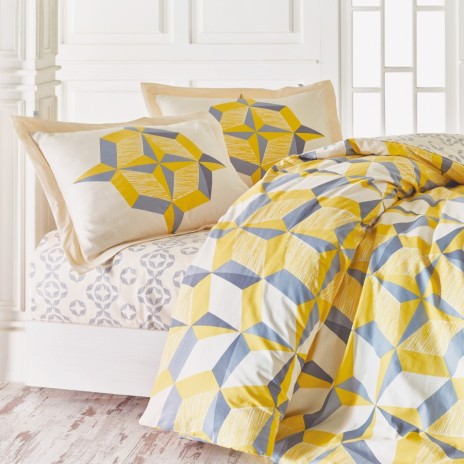 Lenjerie de pat din bumbac ranforce, design geometric galben și gri, set de 5 piese