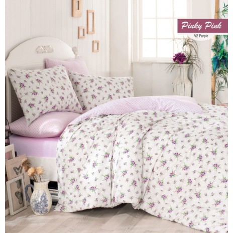 Lenjerie de pat bumbac 100% ranforce cu 2 cearceafuri pilota, 7 piese, Bahar Tekstil, Pinky Pink Lilac