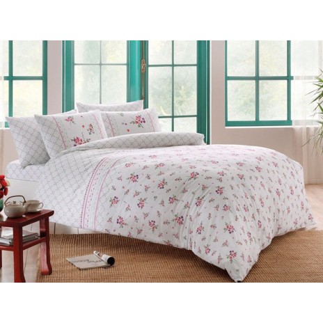 Lenjerie de pat dublu din bumbac 100% ranforce cu design floral delicat în nuanțe de roz și alb