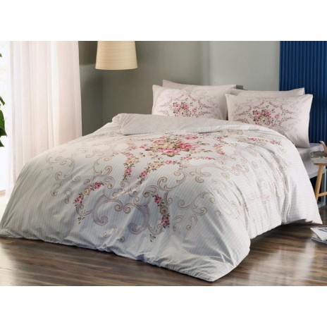 Lenjerie de pat dublu din bumbac 100% ranforce cu design floral elegant în nuanțe de roz și bej